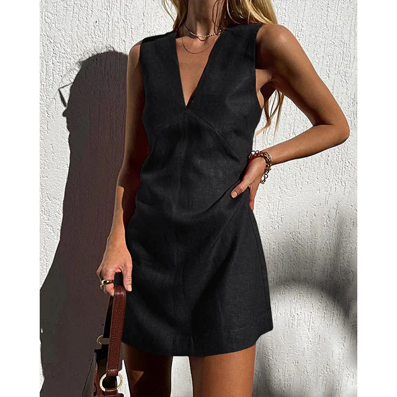Women's Linen Sleeveless Dress Summer Basic Solid Dresses