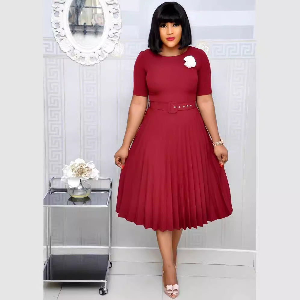 Versatile Women's African Solid Color Pleated Dress