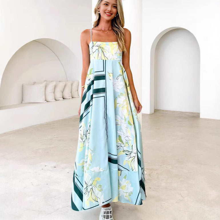Women's Fashion Printed Backless Sexy Suspenders Large Swing High Dress