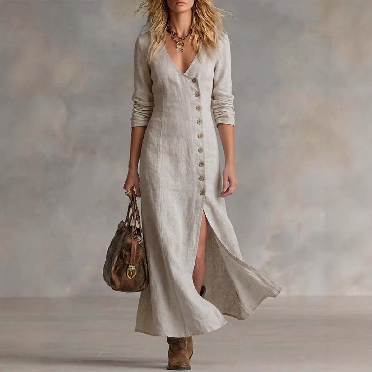 Women's Fashion Button Split Elegant Long Dress