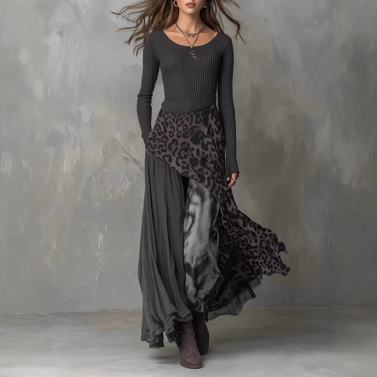 Stitching Leopard Print Elastic Waist Long Sleeve Big Hem Dress