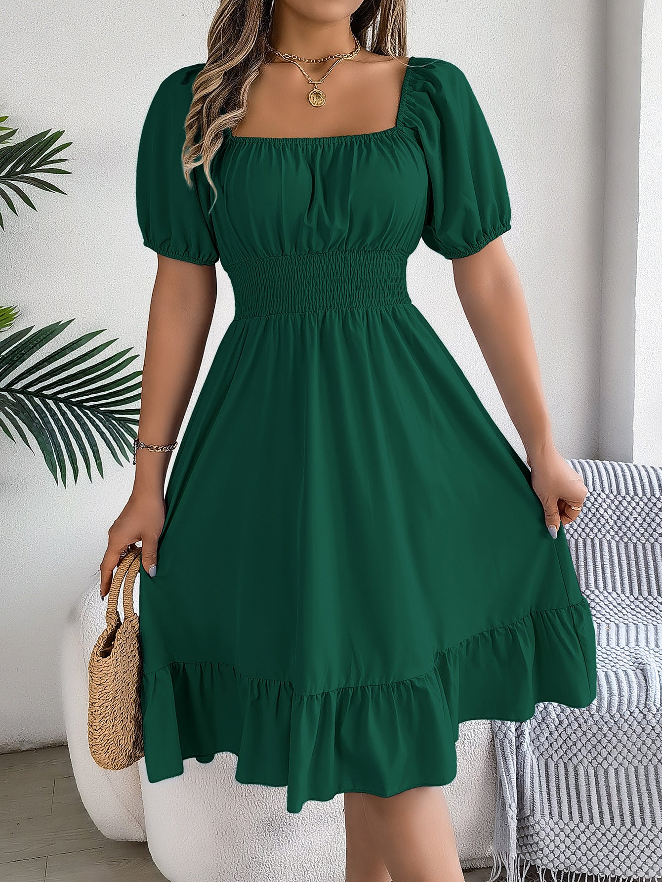 Women's Casual Square Collar Sleeve Waist Trimming Ruffles A- Dress