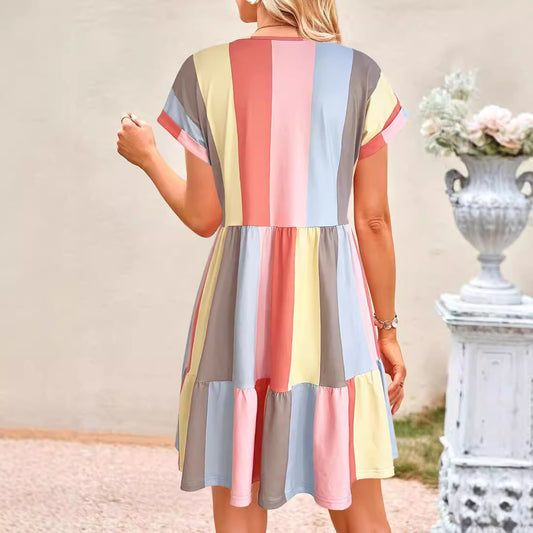 Women's Fashion Casual Stripe Printing Color Contrast Dresses