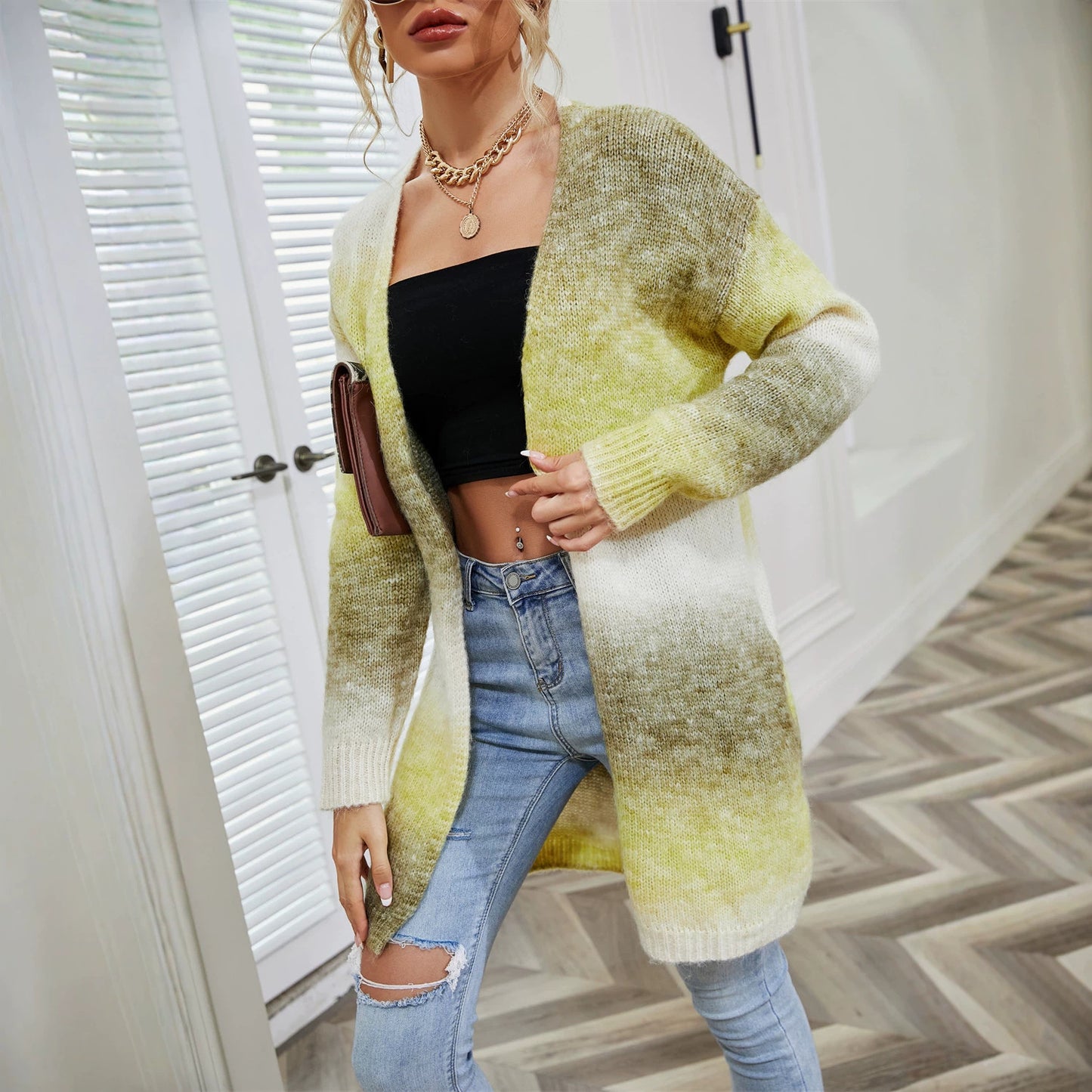 Pretty Women's Winter Rainbow Mid-length Loose Sweater