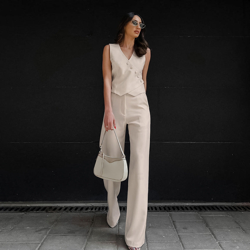 Women's Cotton Linen Khaki Two-piece Autumn Casual Suits