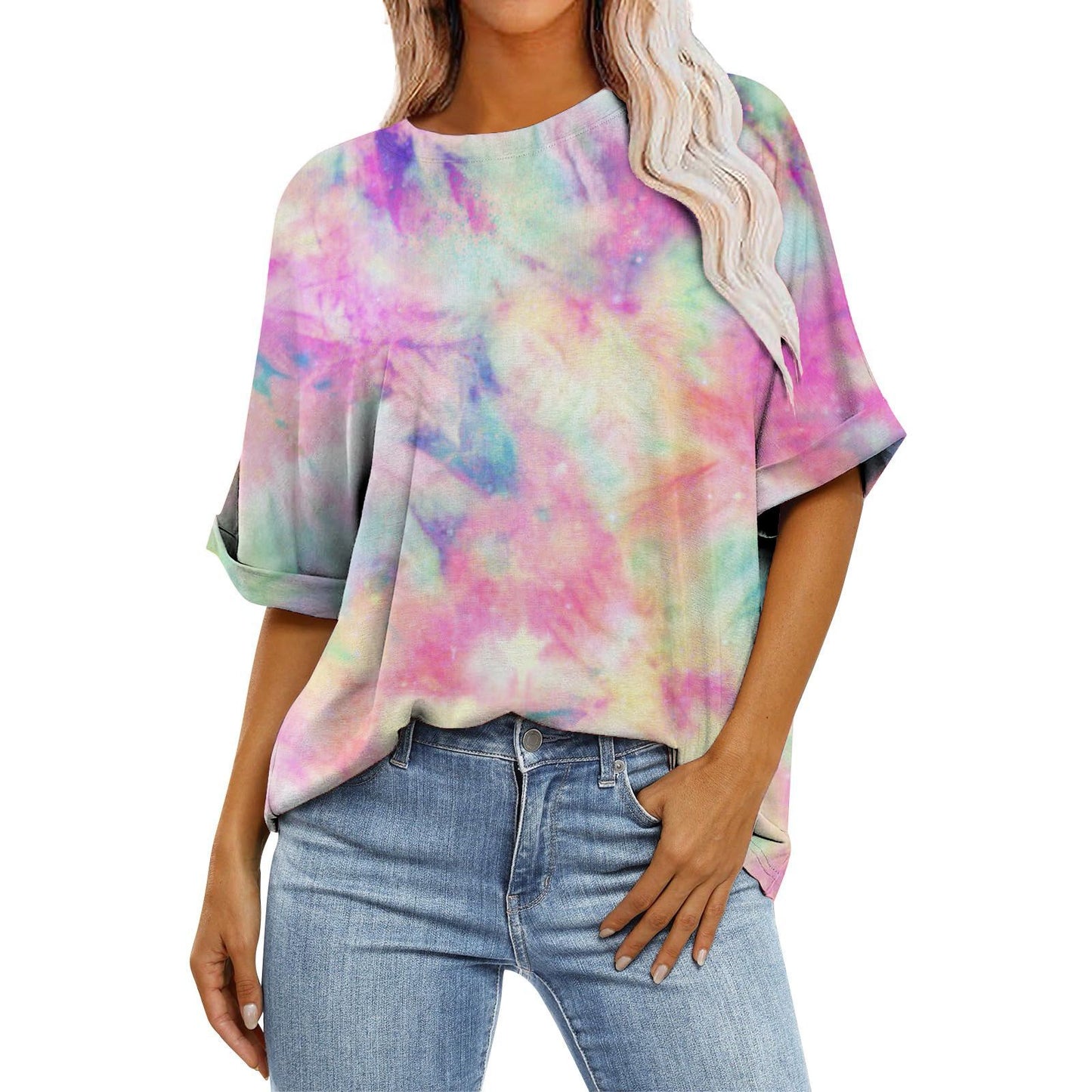 Women's Gradient Color Sleeve Casual Round Neck Blouses
