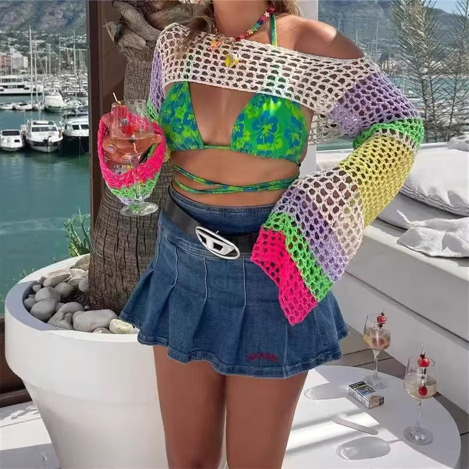 Women's Crochet Casual Bell Sleeve Sexy Mesh Women's Sweater