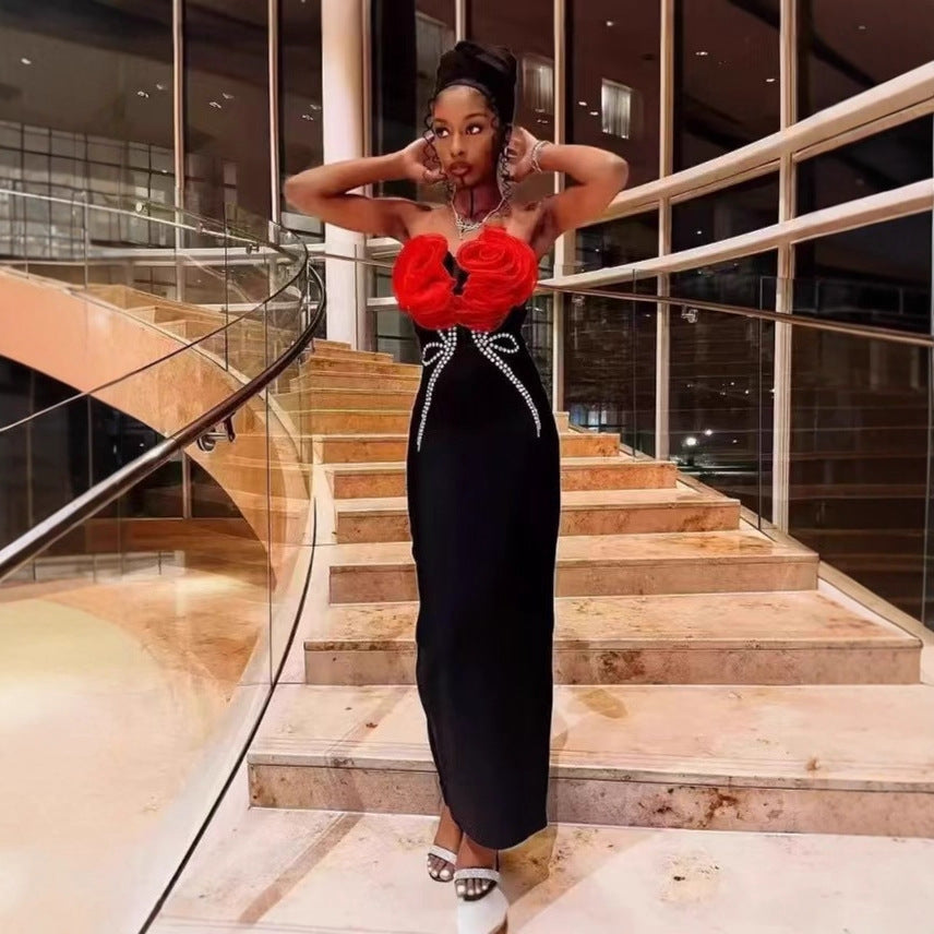 Red Flower Drill Chain Sexy Low Cut Strapless Dresses