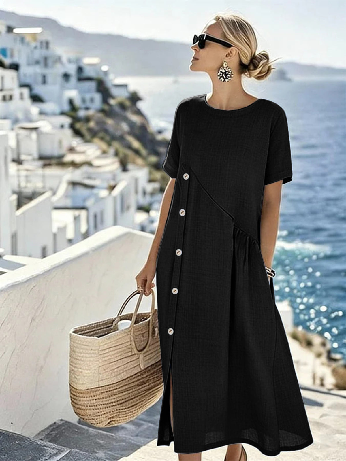 Casual Fastener Decoration Fold Pocket Mid-length Dress