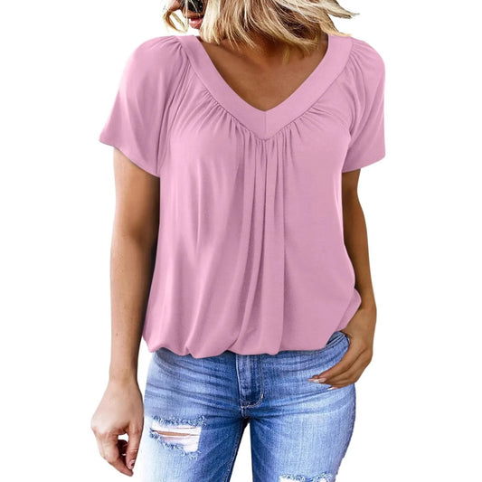 Women's Casual Pleated Solid Color Short-sleeved T-shirt Blouses