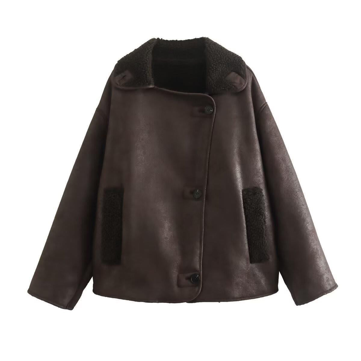 Women's Retro Style Woolen Lapel Loose Fur Tops