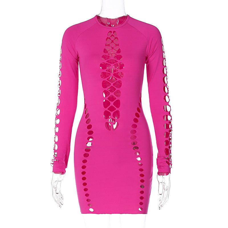 Women's Solid Color Sexy Hollow Long-sleeved Close-fitting Dresses