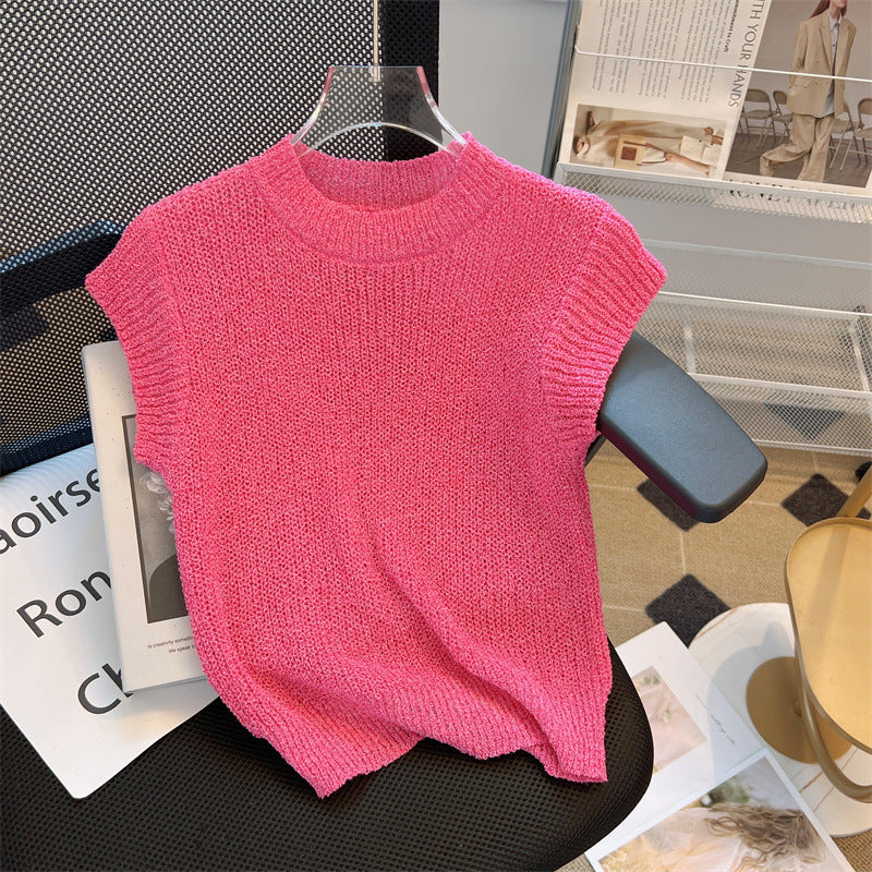 Women's European Goods Short-sleeved Summer Silk Ice Design Sleeveless Solid Women's Sweater