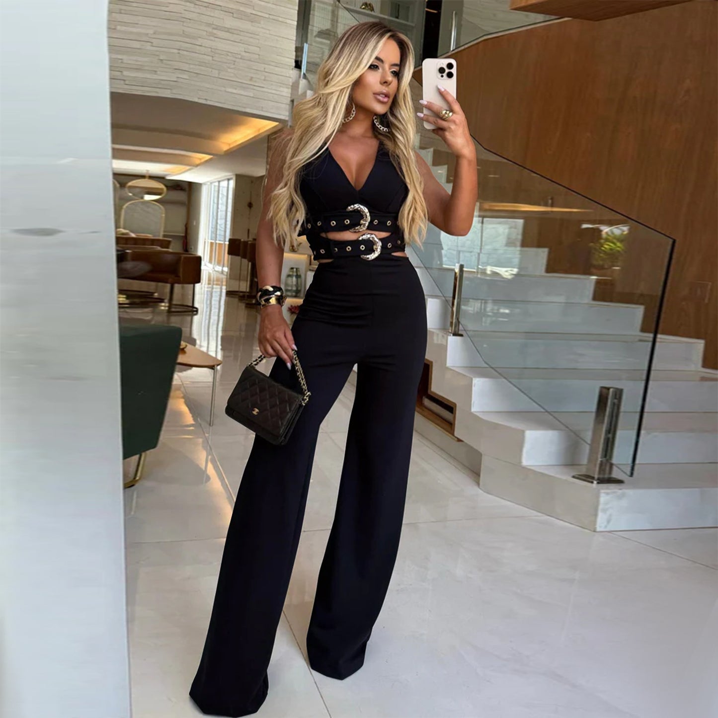 Women's Fashion Wear Decorative Buckle Belt Trousers Tops