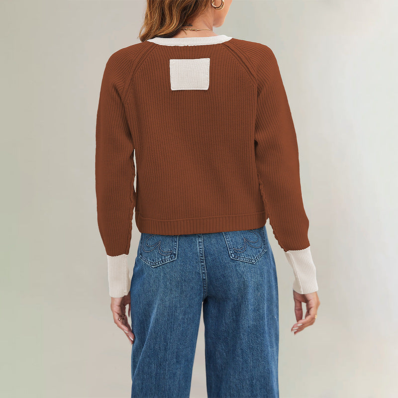 Women's Single Row Button Contrast Color Knitted Sweaters