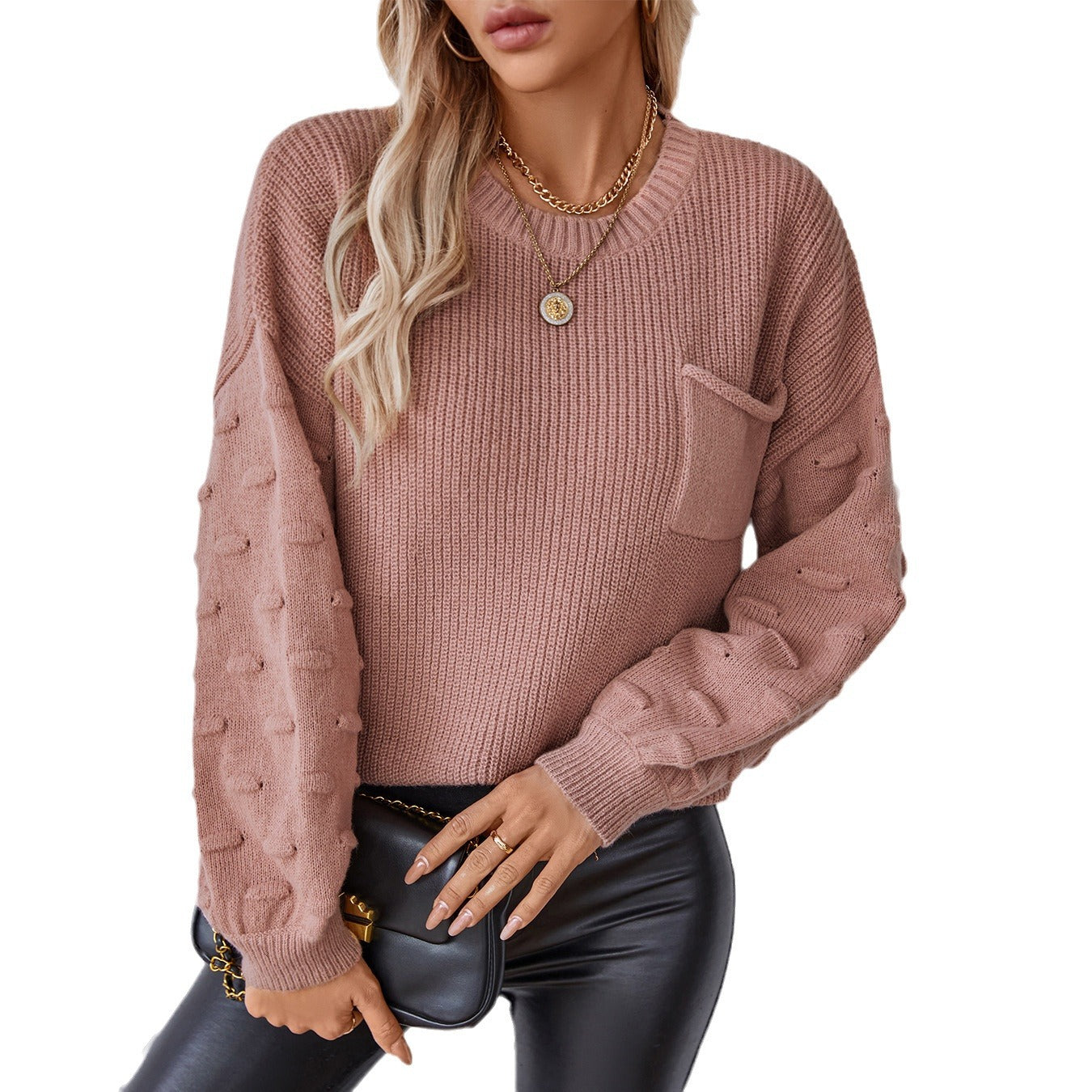 Women's Solid Color Pocket Pullover Knitted Fashion Sweaters