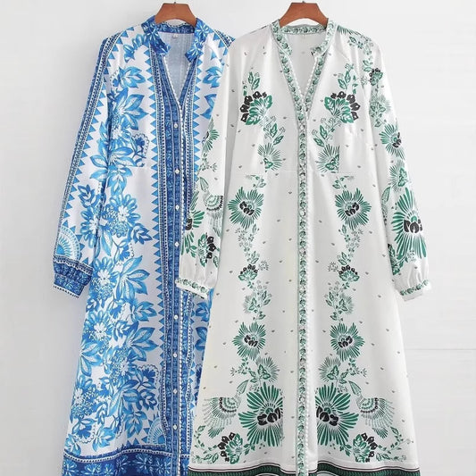 Women's Printed Loose Single-breasted Lantern Sleeve Vacation Dresses