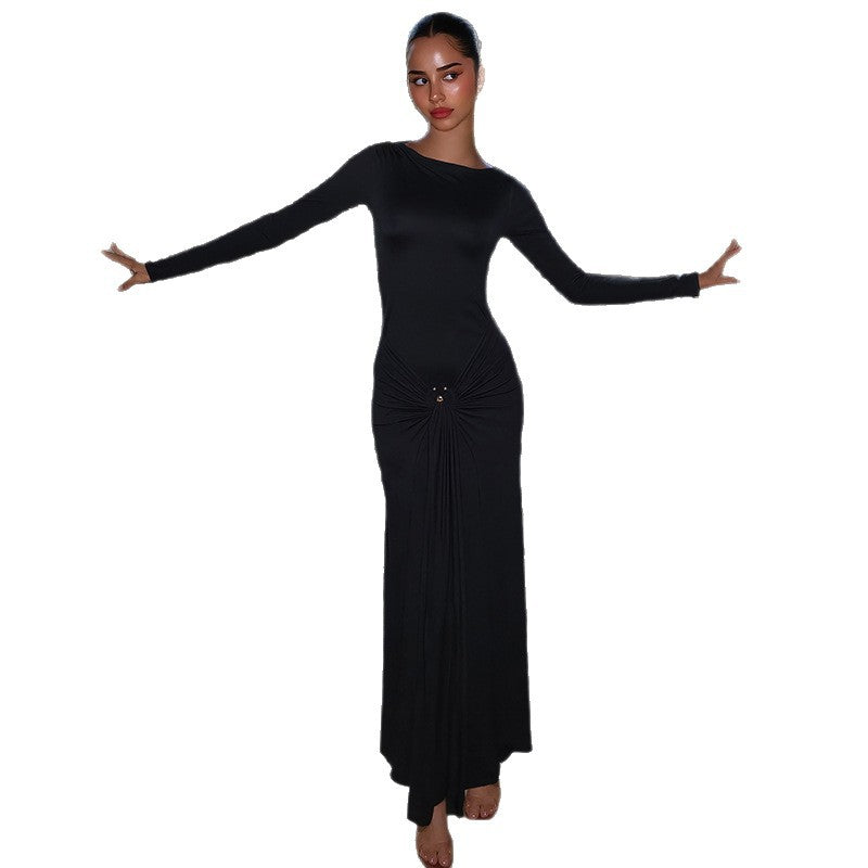 Women's Temperament Pure Color Elegant Long Sleeve Metal Ring Buckle Lace Dress