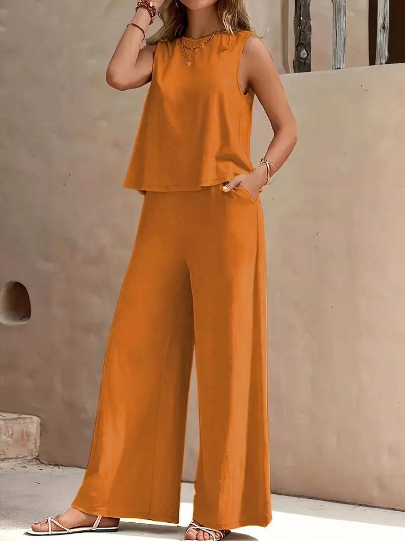 Women's Round Neck Wide Leg Cotton Linen Fashion Casual Suit