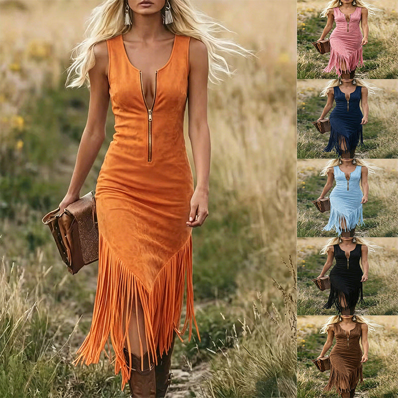 Retro Western Cowboy Slim Fit Fringed Dress