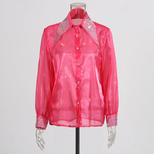 Women's Commute Style Spring Lapel Diamond Micro Transparent Blouses