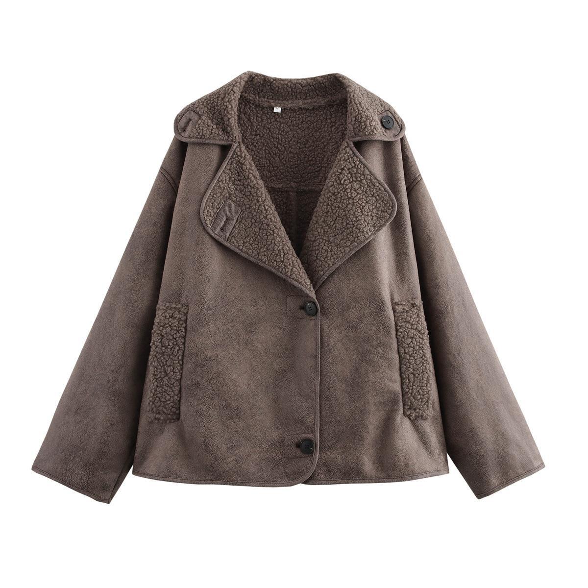 Women's Retro Style Woolen Lapel Loose Fur Tops