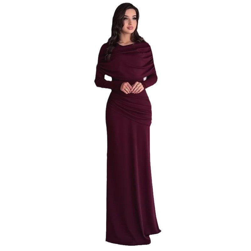 Women's Round Neck Design Pleated Waist Tight Dresses