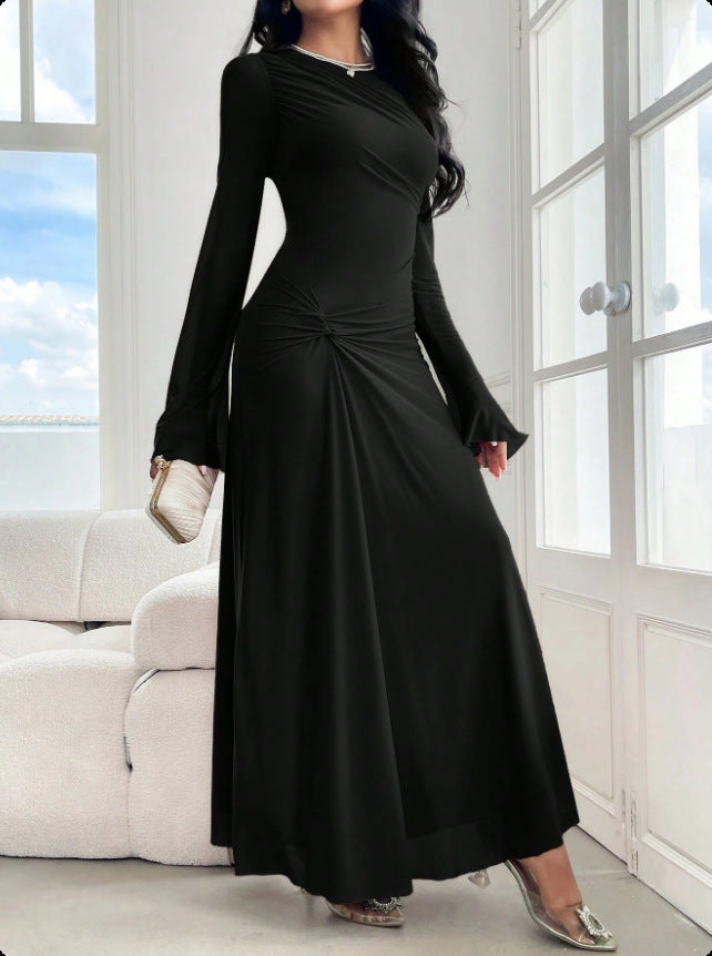 Flared Sleeves Tight Waist Pinch Pleated Slim Fit Solid Color Dress