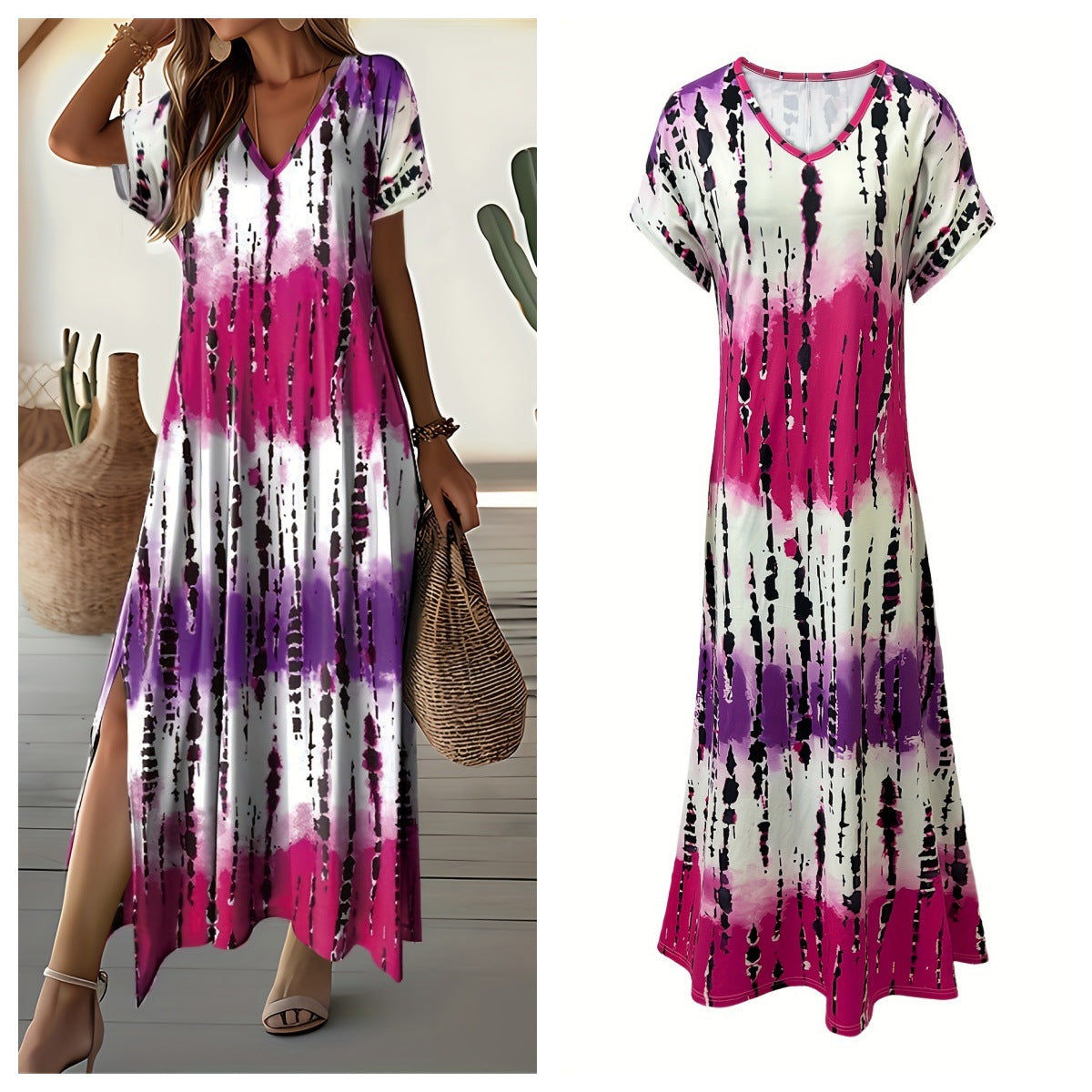 Women's Large Casual Summer Digital Floral Print Slit Street Style Dress