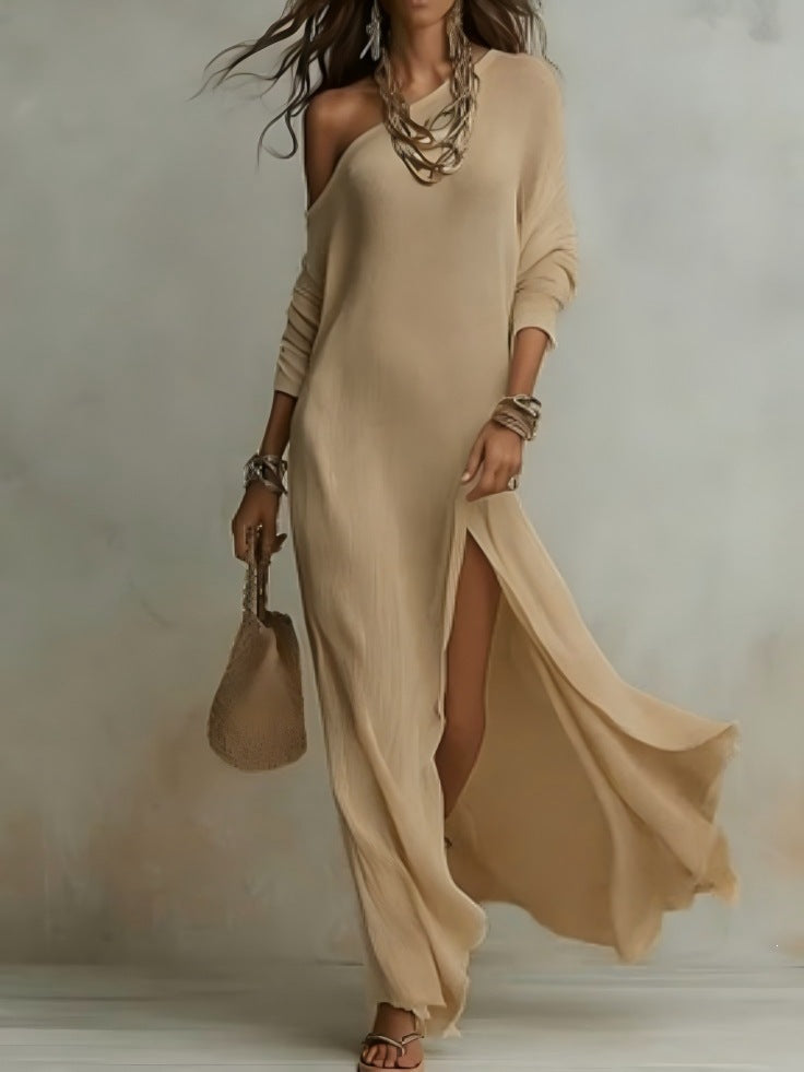 Women's Summer Elegant Long-sleeved Knitted Fold Split Dress