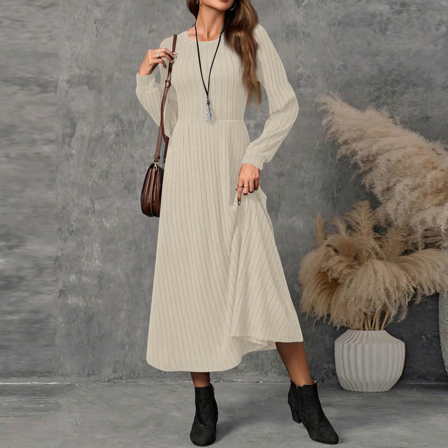 Ladies Fashion Round Neck Long Sleeve Solid Color Casual Sunken Dress