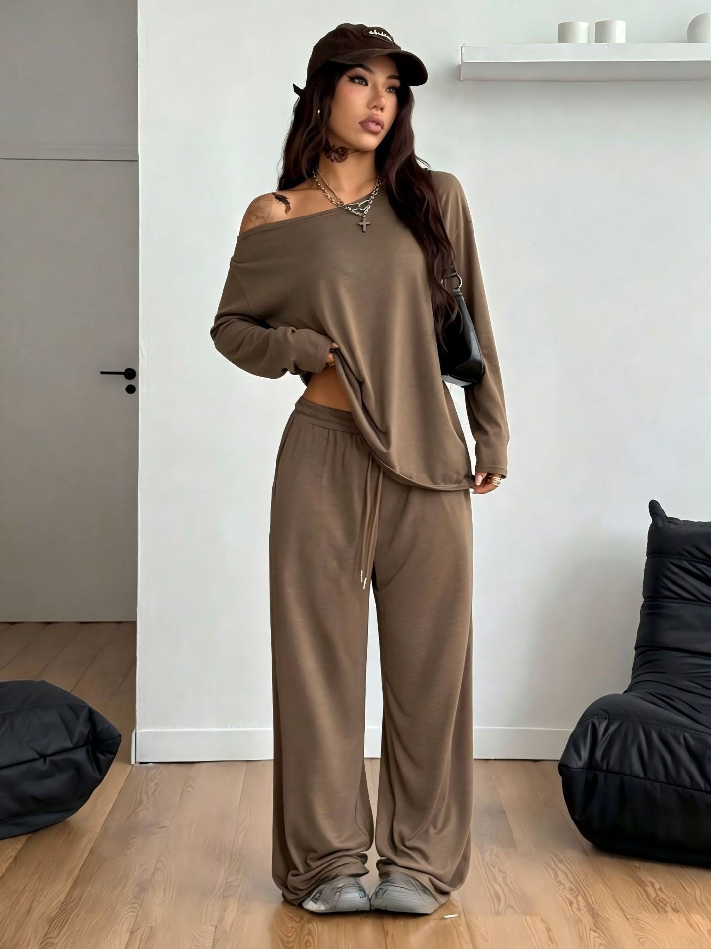 Women's Collar Wide Leg Solid Color Sports Two-piece Fashion Casual Suit