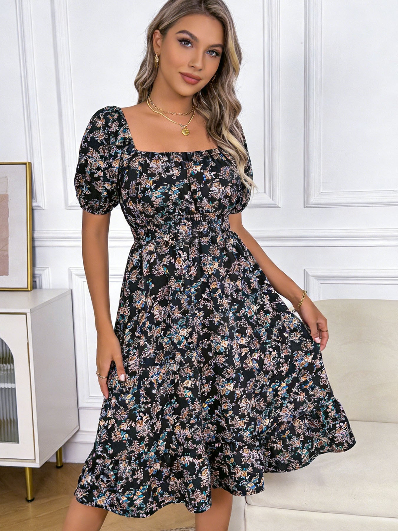 Women's Floral Square Collar Sleeve Ruffled A- Skirts