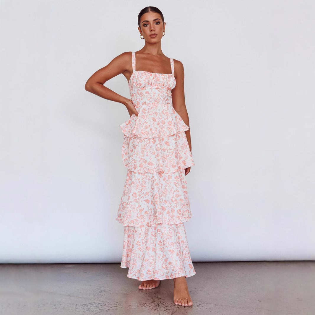 Women's Waist Trimming Spaghetti Straps Printed Long Dresses