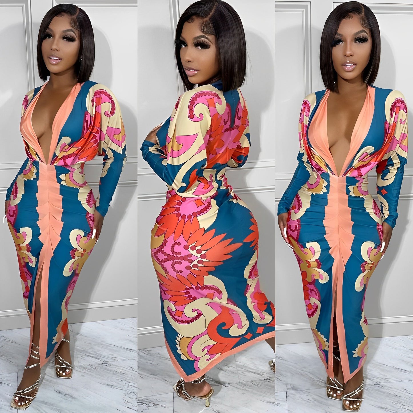 Striped Printed Long Sleeves Casual Sexy Dresses