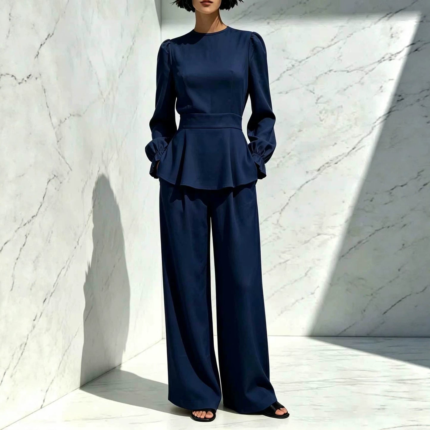 Long Sleeve Trousers Puff Design Elastic Fashion Casual Suit