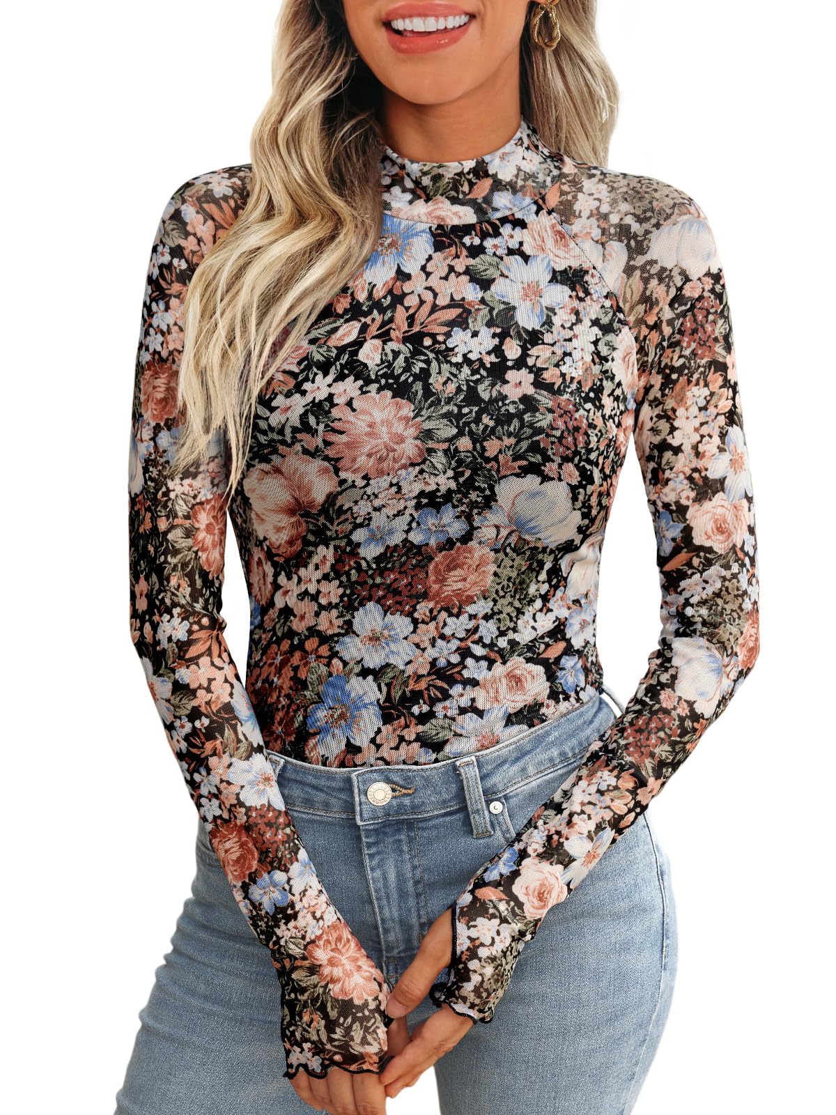 Mesh Round Neck Long Sleeve With Blouses
