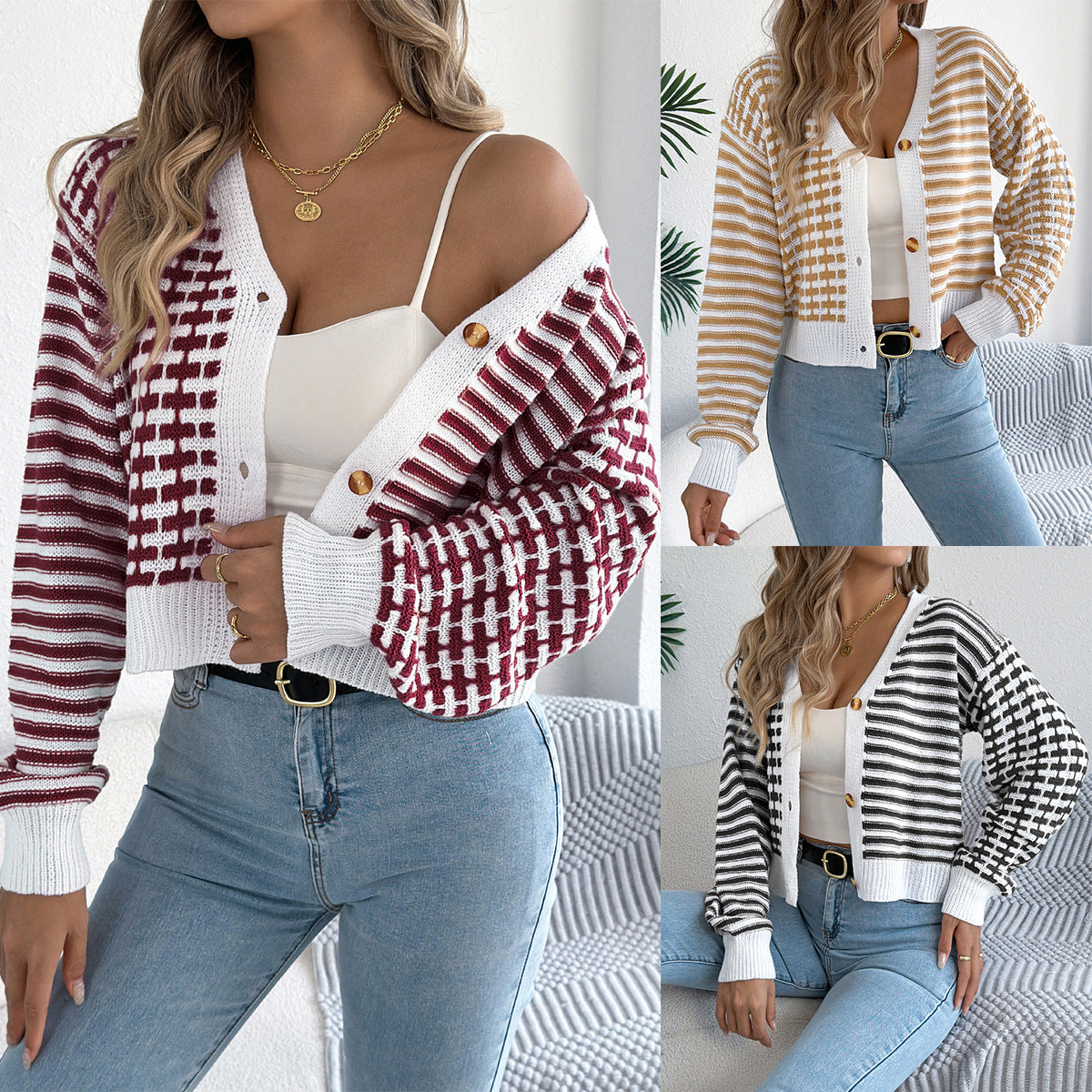 Women's Contrast Color Striped Lantern Long Sleeve Sweater