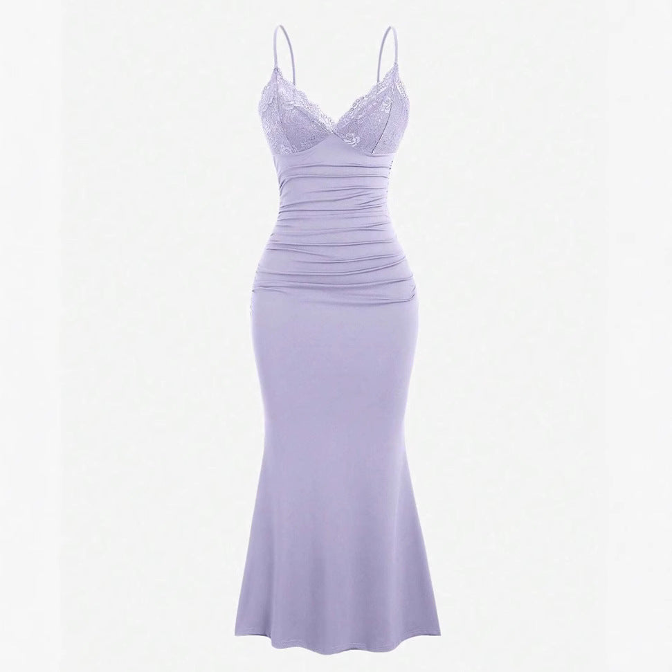 Women's American Elegant Lace Stitching Solid Color Pleated Fishtail Hem Suspender Dress