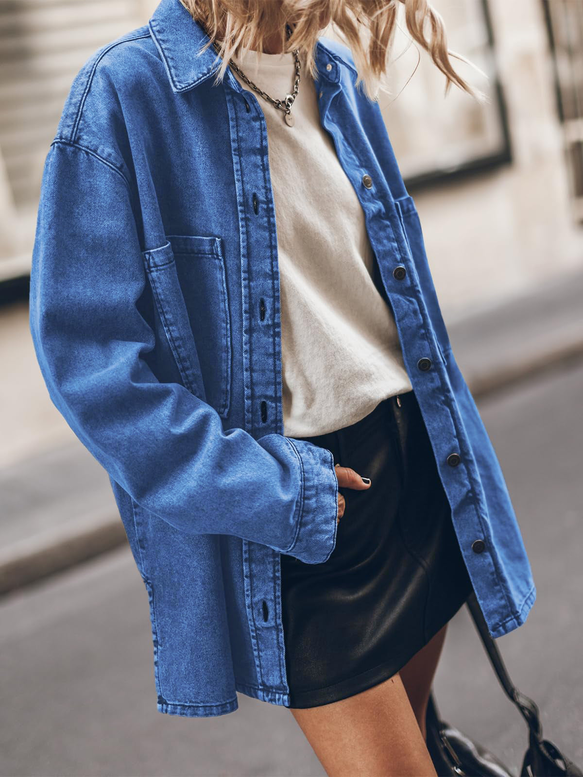 Women's Retro Style Lapel Denim Blue Large Pocket Loose Blouses
