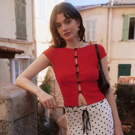 Red Short-sleeved Drop-shaped Hollow Bow French Blouses