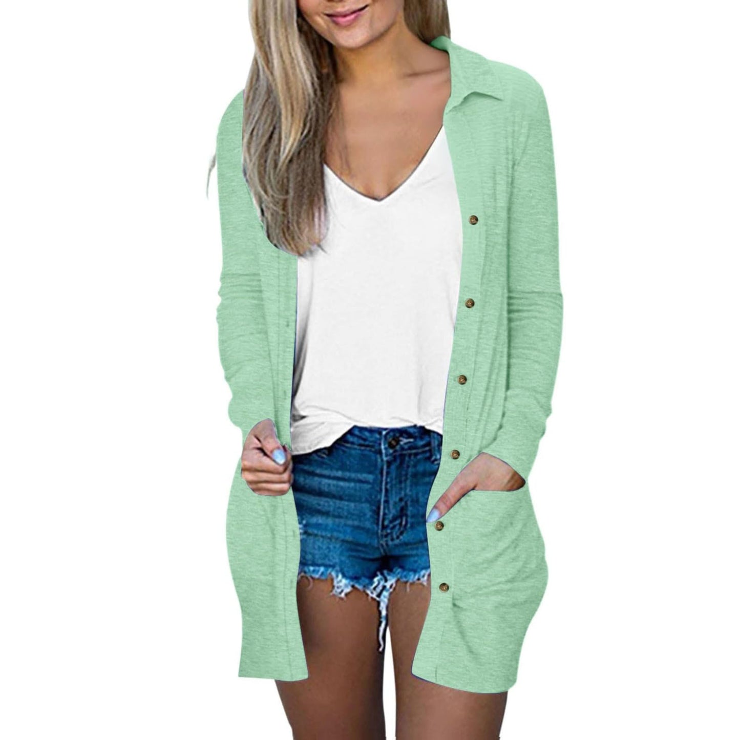 Women's Button Double Pocket Solid Color Casual Polo Collar Long Cardigans