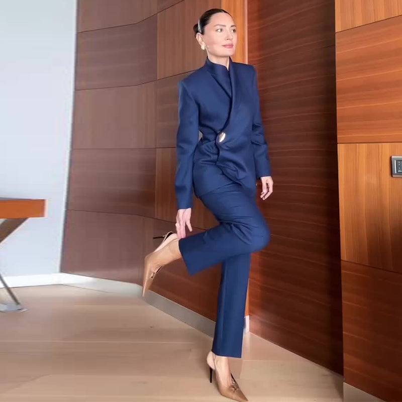 Women's Autumn Fashion Blue Stand Collar Simple Suits