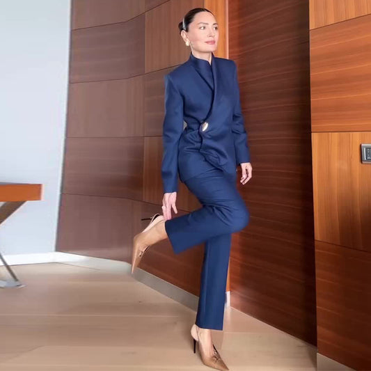 Women's Autumn Fashion Blue Stand Collar Simple Suits