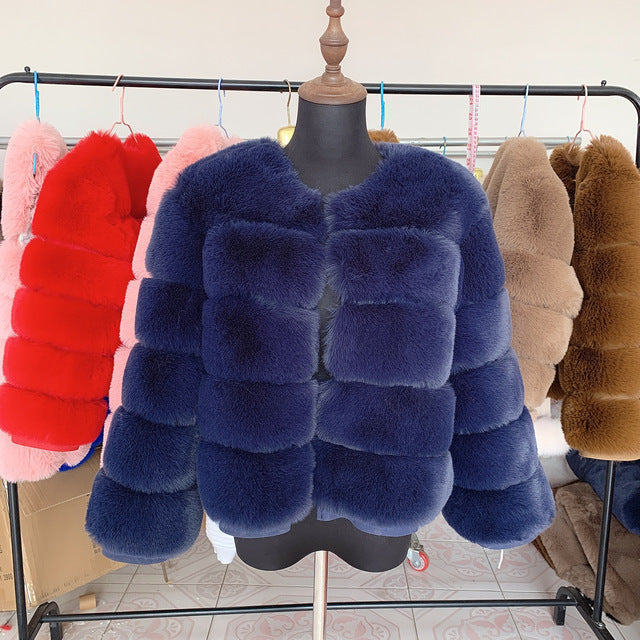 Women's Warm Leisure Stitching Faux Fox Fur Coats
