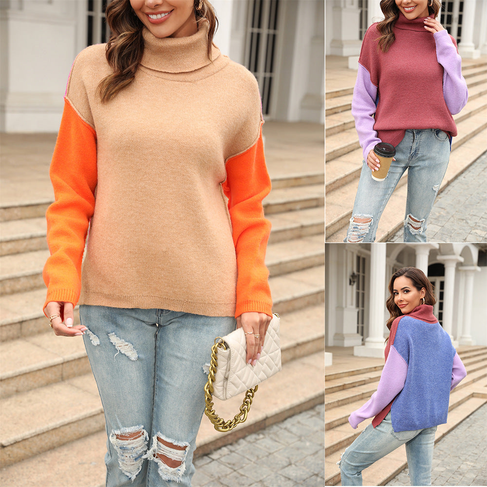 Women's Spring Stitching Fashion Turtleneck Pullover Tide Sweater