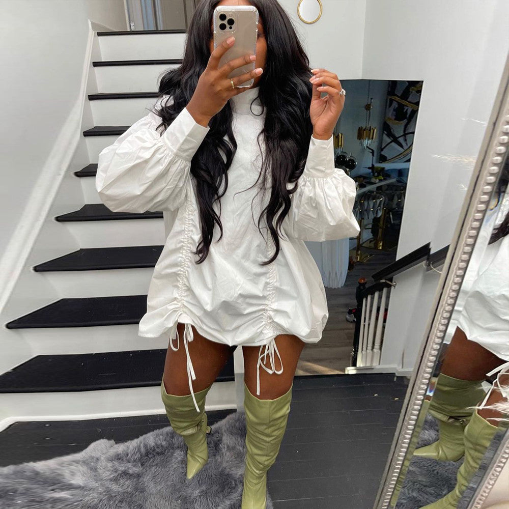 Women's Fashion Drawstring Loose-fitting Solid Color Long Sleeves Mini Sexy 2 Dress
