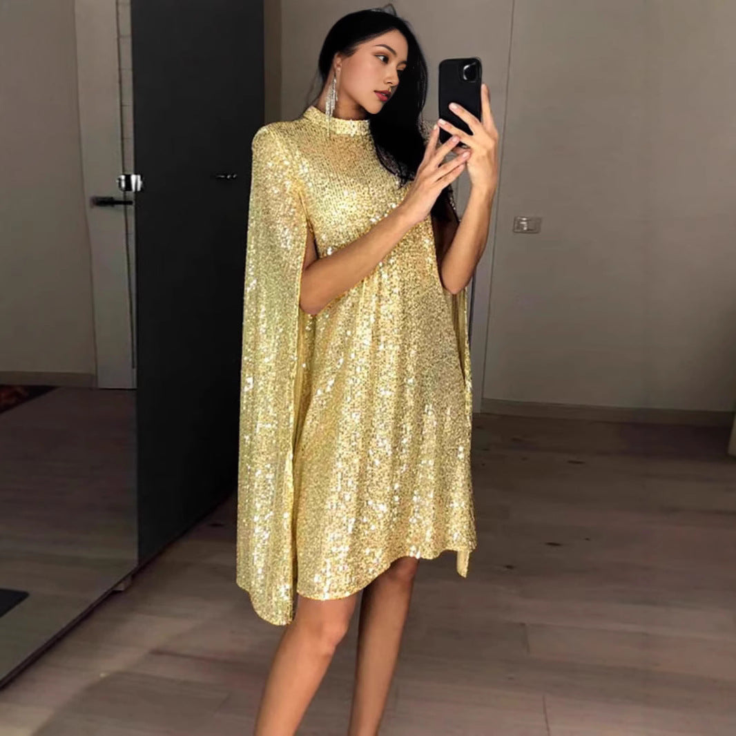 Women's Sequined Small Stand Collar Summer Dress Dresses