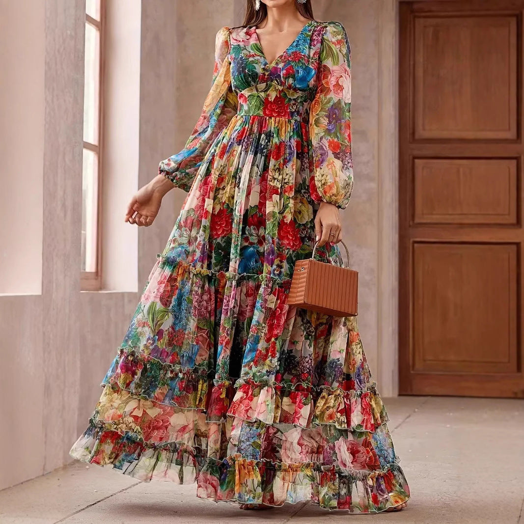 Style Retro Stand Collar Single-breasted Printed Wide Swing Dress