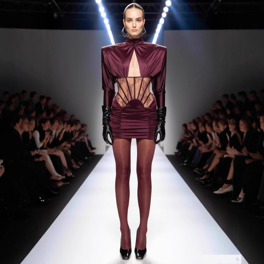 Pure Desire Lace Fishbone Hollow Long Sleeve Pleated Dresses